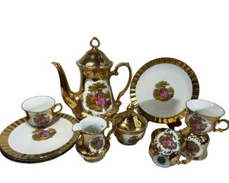 Handarbeit 22K Gold Tea Service Bavaria Germany Pot Sugar Creamer Plates Cups