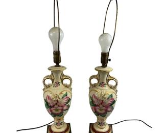 Vintage Ceramic Vase Ornate Floral Table Lamps Hollywood Regency