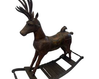 Antique Hand Carved Rocking Horse Deer Antlers Folk Art