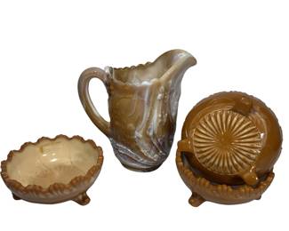 6.5" Vintage Imperial Caramel Slag Glass Milk Pitcher Wind Mill Pattern + Bowls