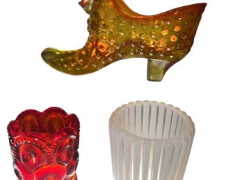 Fenton Amberina Shoe LE Smith Moon & Stars Toothpick Beatty Opalescent Rib