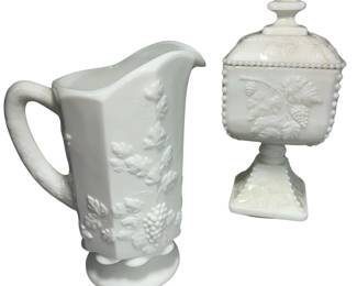 Westmoreland Milk Glass Panel Grape 9" Pitcher & Candy Dish