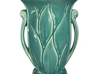 8.5" Vintage McCoy Green Aqua Leaf Double Handled Vase