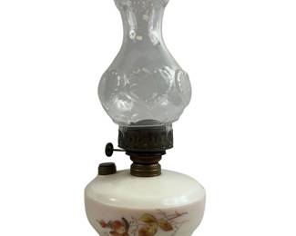 Antique Parlor Oil Lamp Milk Glass Base Rustic Floral Design
