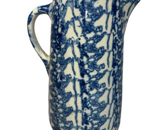 9" Antique Blue & White Tan Spongeware Pitcher Salt Glaze