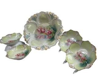 Antique Victorian Prussia RS Berry Bowl Floral Set Hand Painted