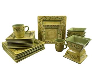 Vintage Pier 1 Olive Pattern Stoneware Square Plates Dishes Set
