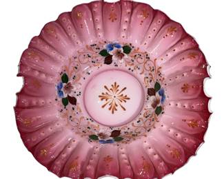 10" Antique Victorian Brides Pink Basket Ruffle Edge Bowl Hand Painted Floral