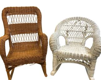 2 Vintage Antique Childs Wicker Rockers White Brown