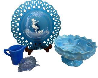 Greentown Indiana Wheelbarrow Open Salt +Westmoreland Plate Blue Hobnail Eperge Creamer Blue Glass M