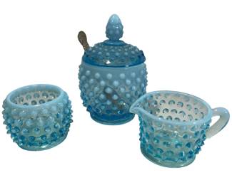 Fenton Blue Hobnail Opalescent Jam Jar* Sugar Creamer Glass Wolf & Dess Auer Label