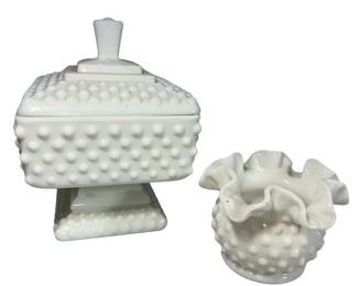 Fenton Hobnail Milk Glass Labeled Candy Dish & Small Ruffled Bowl Vase