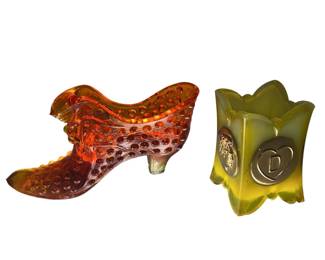 Fenton Amberina Glass Shoe Label & Joe St Clair Yellow Gold Toothpick Custard