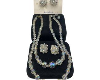 Vintage AB Crystal Bead Necklace Clip On Earrings Aurora Borealis