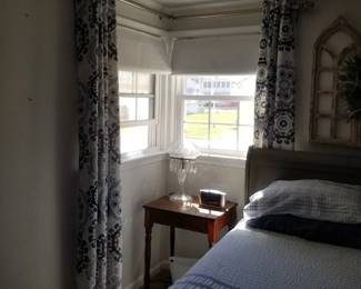 End table; table lamp; window treatments