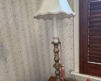 Vintage Brass Candlestick Table Lamp with Pink Tassels