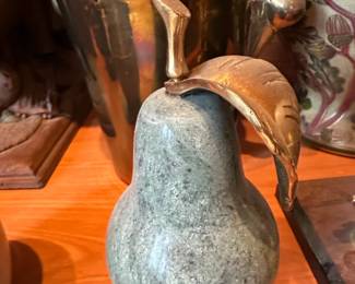 Italian Alabaster Hand Carved Pear with Brass Stem and Leaf