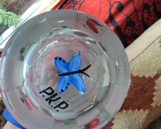 HandPainted Frosted Glass Vase with Checkerboard Floral and Butterfly Motifs, Signed P.K.P. second image