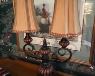 Vintage DoubleArm Table Lamp with BellShaped Shades and Ornate Scrollwork