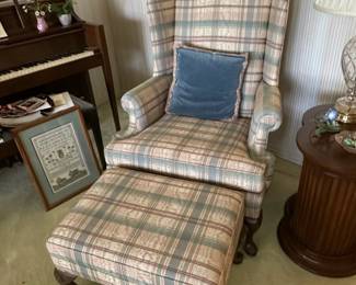 Drexel Heritage Wingback Armchair and Ottoman Set with Plaid Upholstery