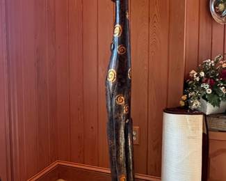 Large HandCarved Wooden Cat Sculpture with Gold Swirls