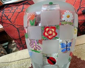 HandPainted Frosted Glass Vase with Checkerboard Floral and Butterfly Motifs, Signed P.K.P.