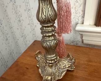 Vintage Brass Candlestick Table Lamp with Pink Tassels second image