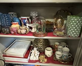 Assorted Decorative Glassware, Ceramic Figurines, and Mugs