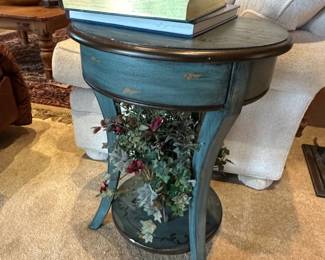 Distressed Teal French Provincial Style Demilune Accent Table