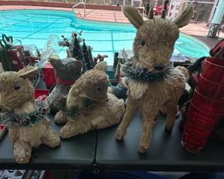 Set of Four Straw Reindeer Christmas Decorations with Wreaths