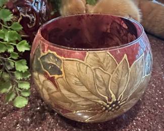 HandPainted Glass Bowl with Poinsettia Motif