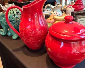 Red Ceramic Pitcher and Covered Jar with Pinecone and Pine Needle Motif