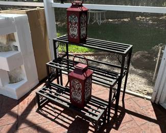 Tiered Metal Plant Stand with Red Lanterns