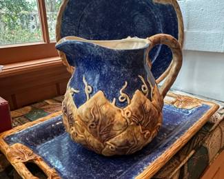 Vintage Ceramic Pitcher and Tray Set with Grapes and Leaves Motif