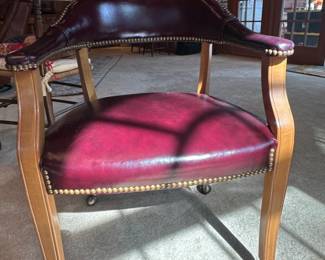 Burgundy Leather Executive Swivel Chair with Brass Nailhead Trim and Casters