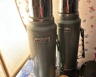 Pair of Vintage Stanley Aladdin Hammertone Green Thermoses