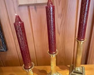 Set of Brass Candlesticks with Red Speckled Taper Candles
