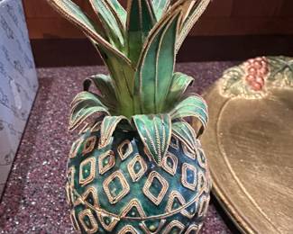 Decorative Enameled Metal Pineapple Box with GoldTone Accents