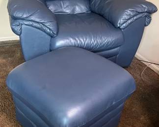 Navy Leather Oversized Chair And Footstool