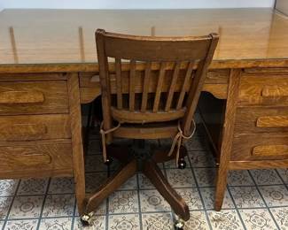 Large Wooden Desk And Chair, Vintage