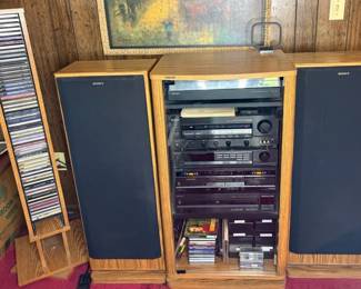 Sony Stereo Components in Oak Cabinet with Matching CD Tower