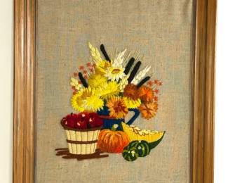 1970s Framed Crewl Embroidery Artwork, Vintage