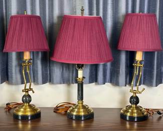 Brass Table Lamp and Two Brass Articulating Swing Arm Lamps