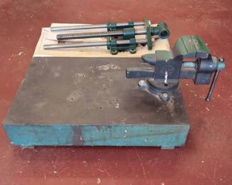 Large Front Vise and 35 Vice On Heavy Duty Metal Work Surface