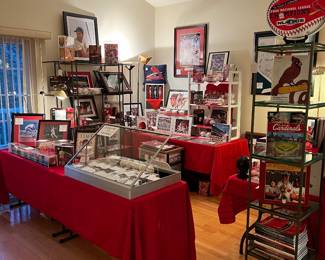 WELCOME… A plethora o us of autographed sports memorabilia including signed baseballs, photographs, numerous prints, hat, and bat, nearly all with Cardinals Certificates of Authenticity or MLB holograms. Several Hall of Famer's. Tons of other pieces of baseball memorabilia including yearbooks, pin sets, cereal boxes, books, pennants, display cases and other items two numerous to mention. if you were a St. Louis Cardinals fan you do not want to miss this sale!  Large collection of American Indian artifacts including pottery, Kachina's, fetishes and other items to numerous to mention. Superb EARLY 20th century Navajo weaving, lovely contemporary bronze sculpture, and several pieces of wall art. 