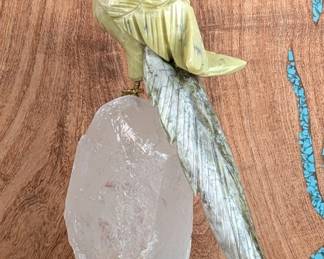 Multi Stone Parrot Sculpture, Serpentine, Quartz, And Black Onyx, 7.5" Tall