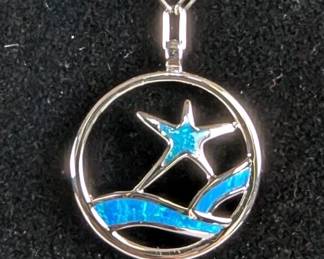 Sterling Silver And Blue Opal Pendant On Sterling Silver Chain, 925 Silver