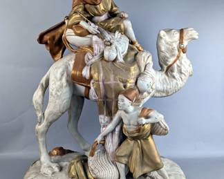 Royal Dux Bohemian Hand Painted Porcelain Arab Bedouin Camel Rider And Servant Statue, Made In Czechoslovakia, 23.75"