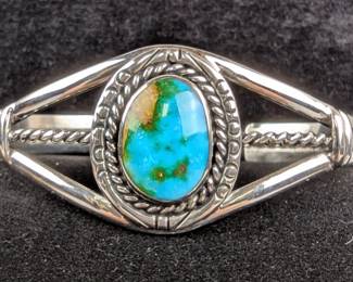 Sterling Silver And Sonoran Gold Turquoise Cabochon Bangle Bracelet, 925 Silver, Artist Signed "AB", 2.625"