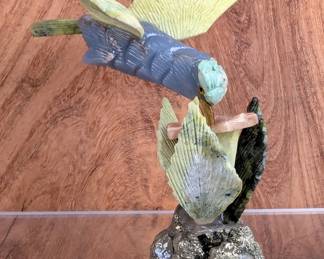 Multi Stone Hummingbird Sculpture And Flower On Pyrite Mineral Specimen, 5" Tall